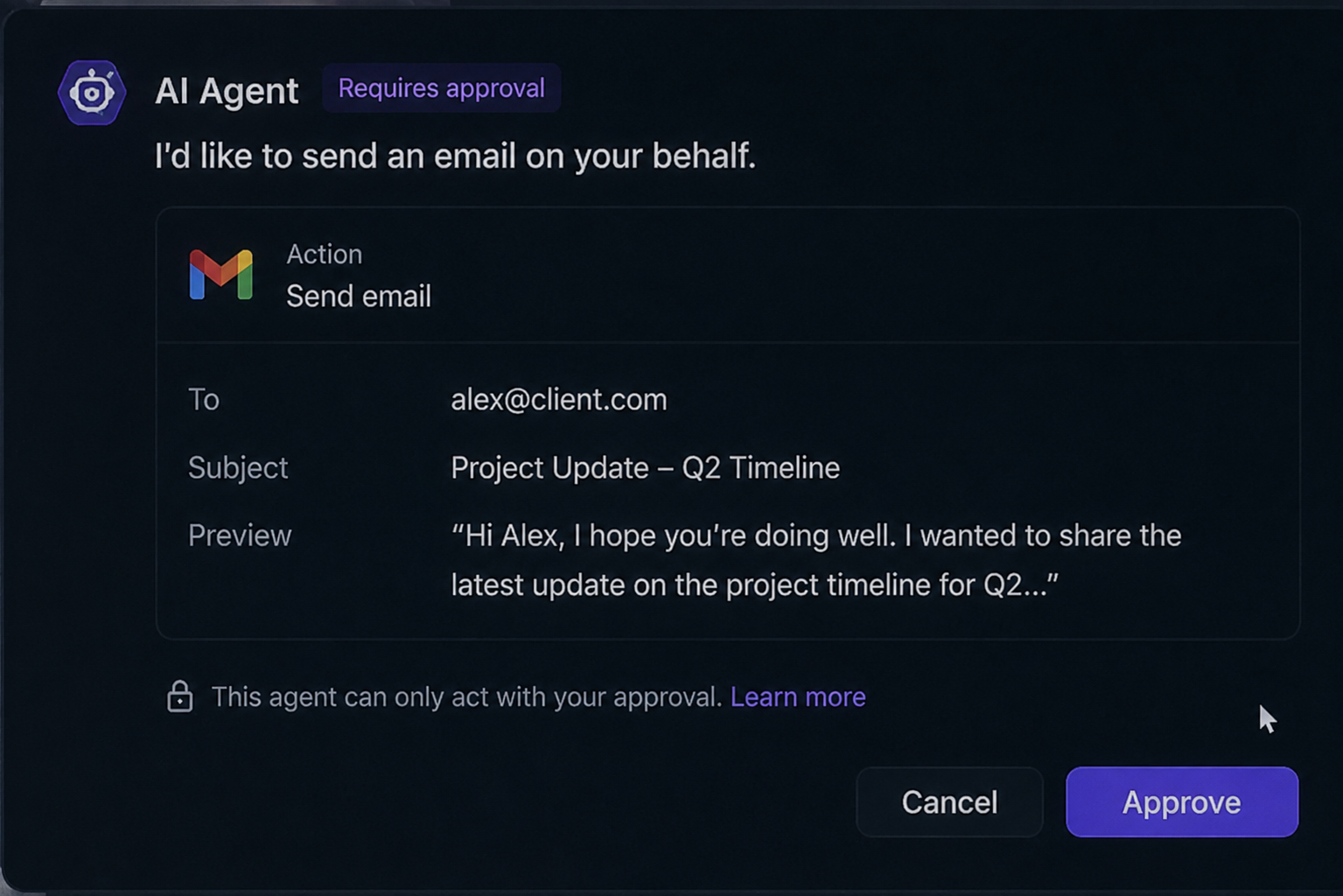 AI agent requesting approval before performing a sensitive action