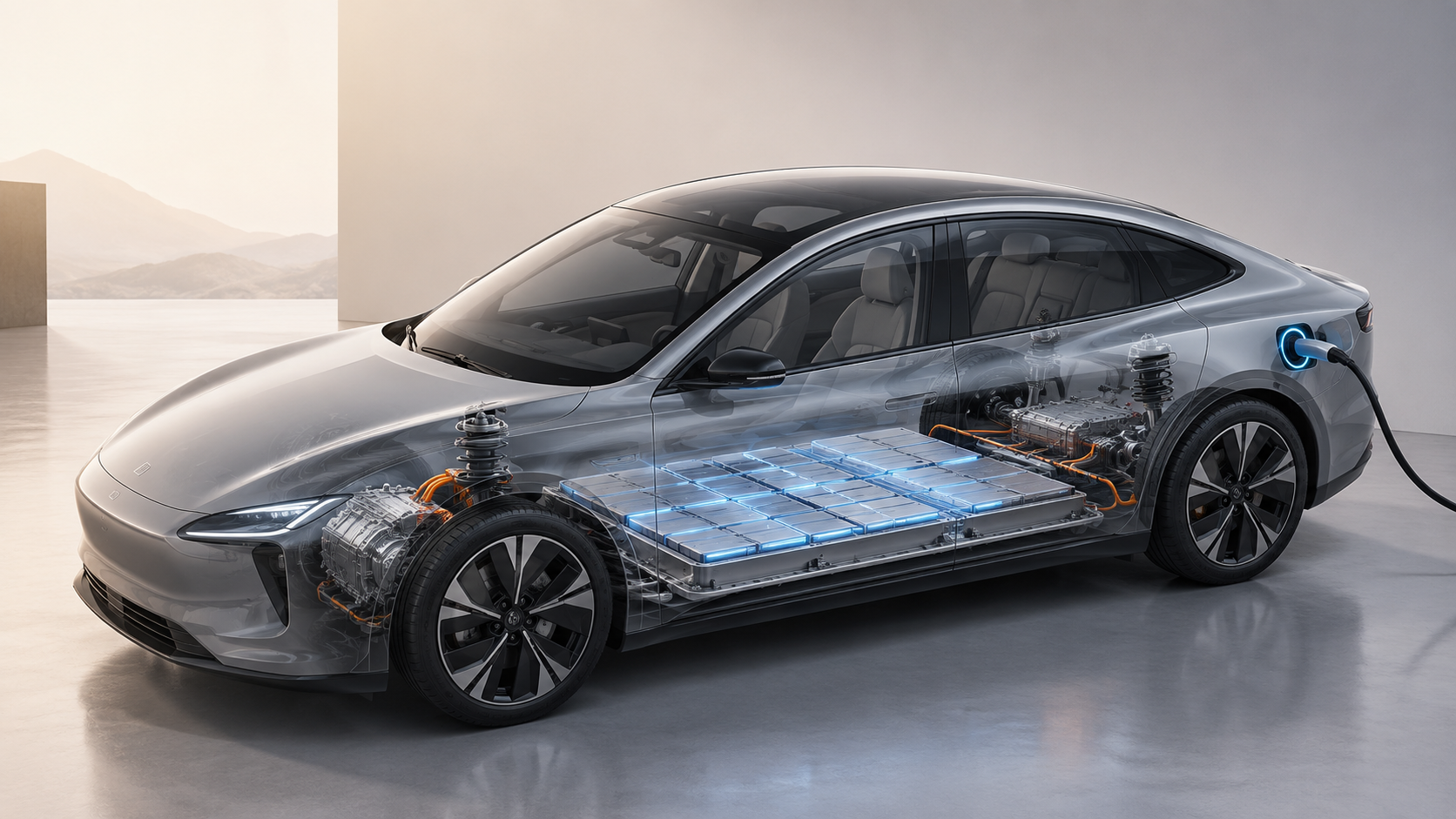 Electric car with its battery, motor and main components visible
