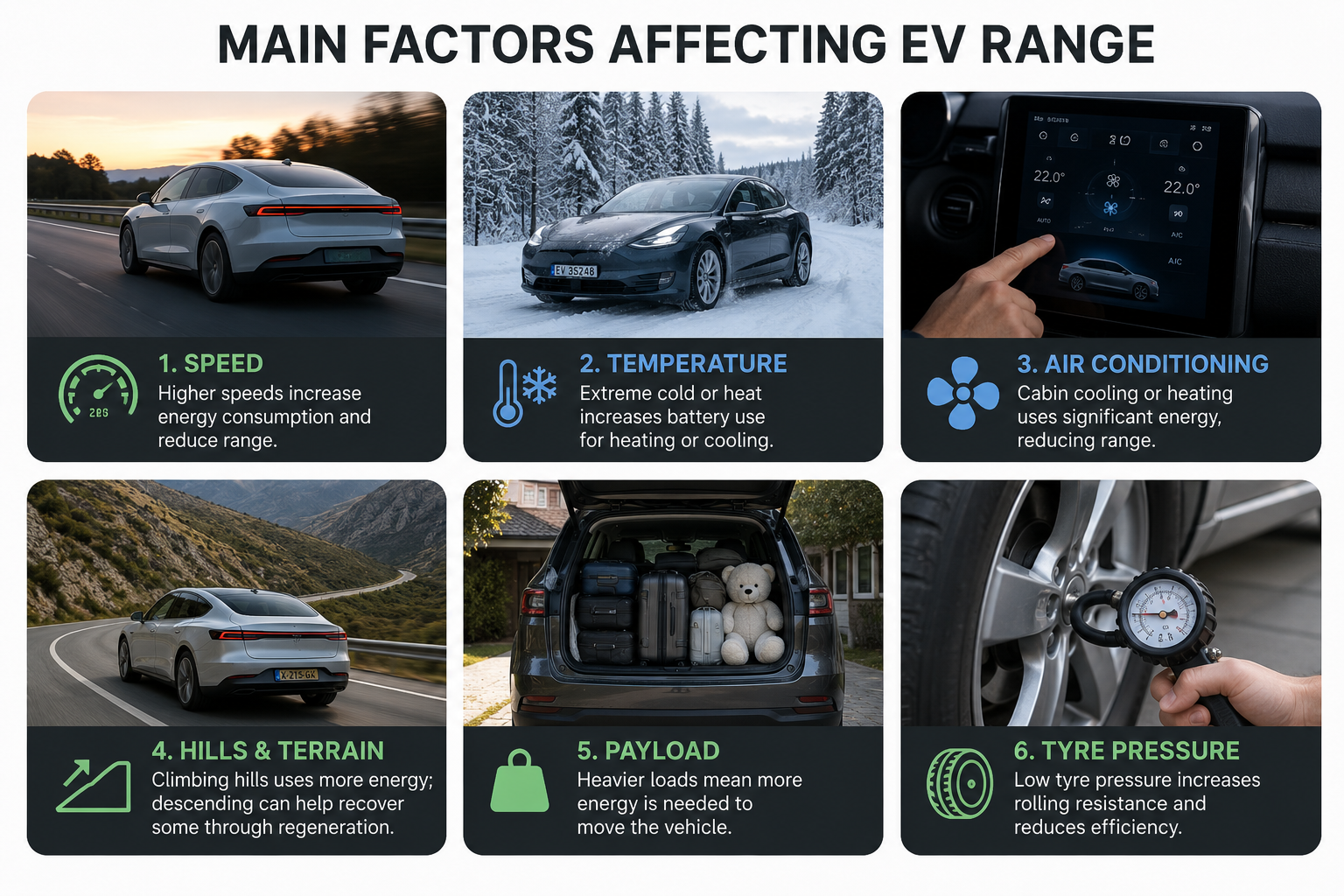Factors affecting electric vehicle range including speed, weather, hills and air conditioning